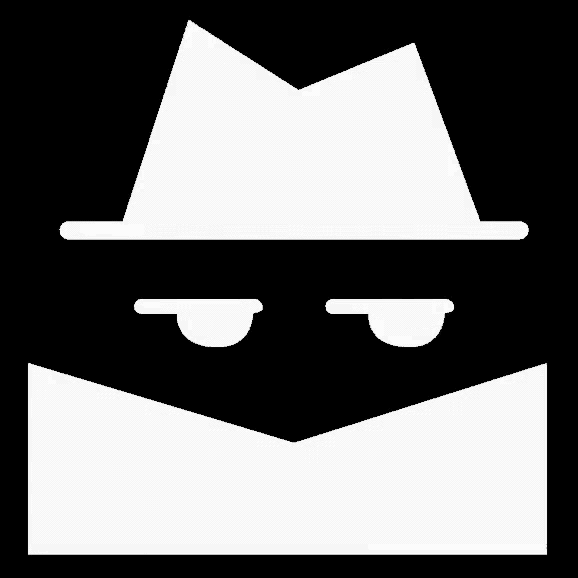 a white icon of a detective with a hat and a pair of glasses on a black background .
