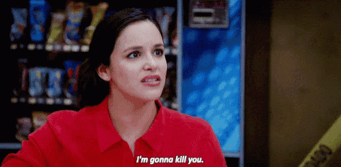 a woman in a red shirt is talking about killing someone .