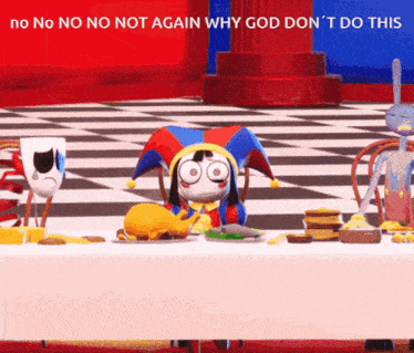 a cartoon of a jester sitting at a table with other cartoon characters