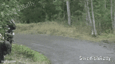 a red car is driving down a road with the words swedish rally written on the bottom