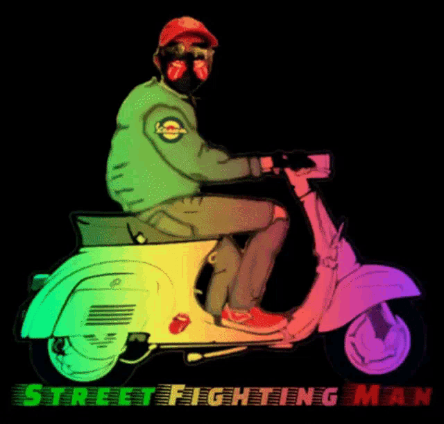 a man is riding a scooter with the words street fighting man written below him