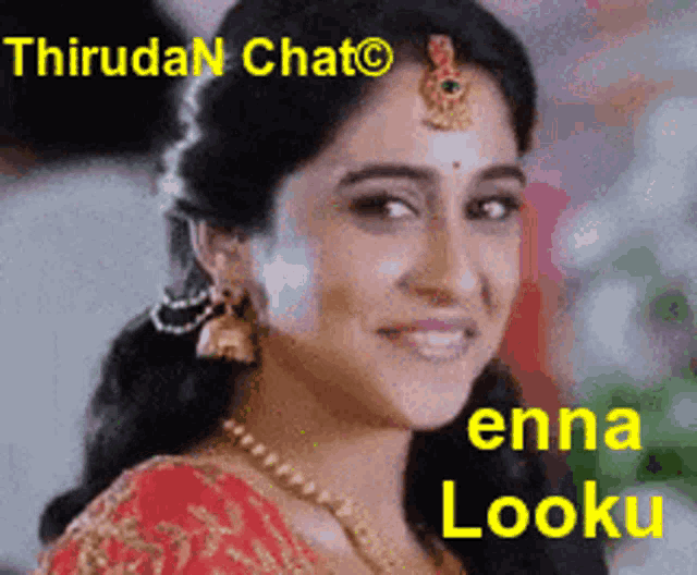 a woman in a red dress is smiling with the words enna looku above her
