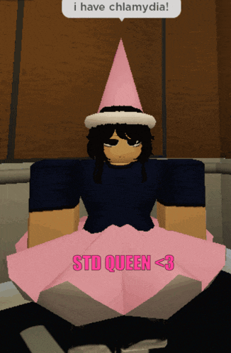 a girl with a pink hat and a pink skirt says std queen