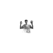 a black and white photo of a man with his arms up in the air .