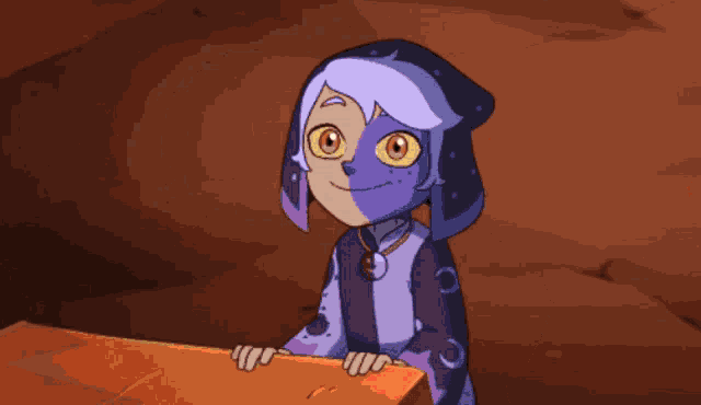 a cartoon character with a half purple half white face points up
