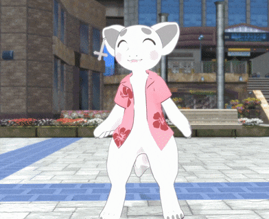a white furry character wearing a pink shirt with a flower on it