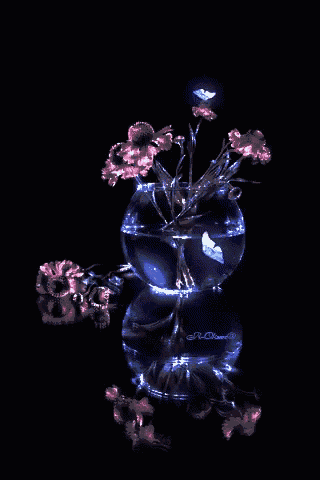 a butterfly is flying over a vase of flowers with the letters r.o. on it