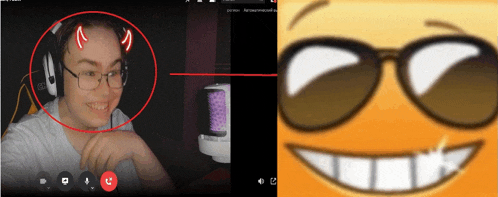a man wearing headphones is smiling next to a picture of a smiley face