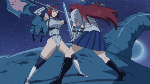 a cartoon of a woman holding a spear and a sword