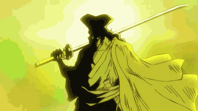 a man in a yellow cape is holding a sword in his right hand