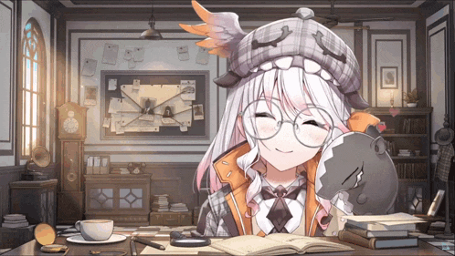 a girl wearing glasses and a plaid hat is sitting at a desk in front of a clock