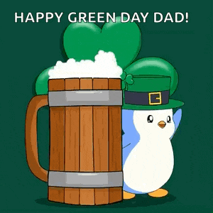 a penguin wearing a leprechaun hat is standing next to a wooden mug of beer .