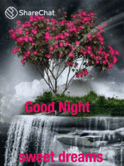 a picture of a waterfall and a tree with the words good night sweet dreams on it