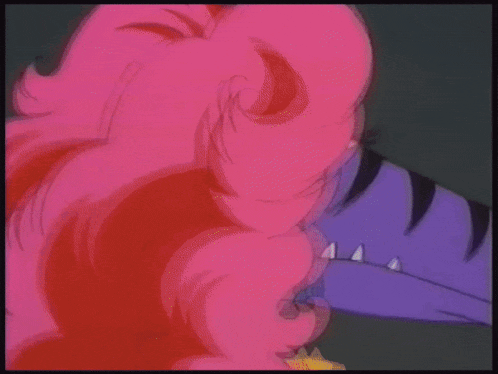 a close up of a cartoon character 's face with a pink background
