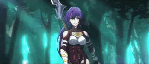 a woman with purple hair is holding a spear