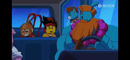 a group of cartoon characters are sitting in a car and one of them has a beard