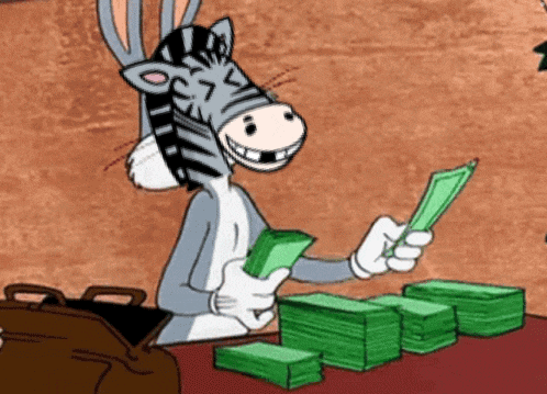 a cartoon character with a zebra mask holding a stack of money