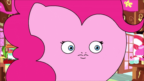 a cartoon drawing of a pink pony with blue eyes