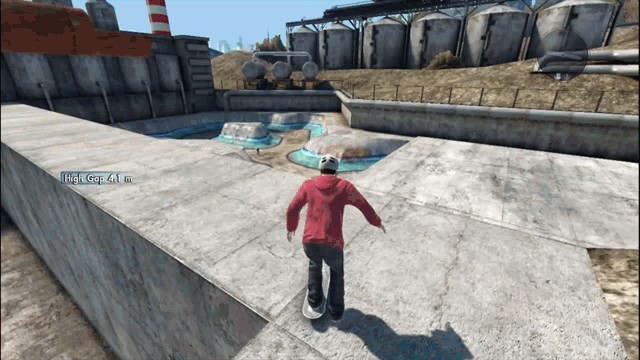 a person riding a skateboard in a video game with a screen that says ' high ' on it