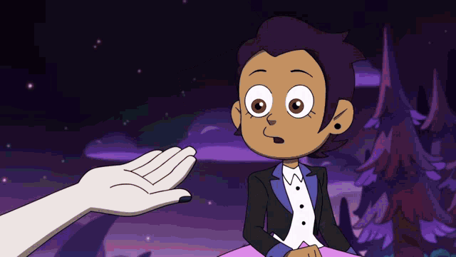 a cartoon character in a tuxedo is reaching out to another person 's hand