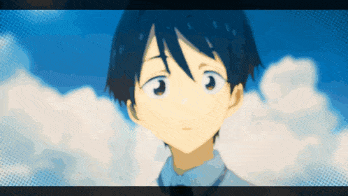 a close up of a person 's face with a blue sky and clouds in the background