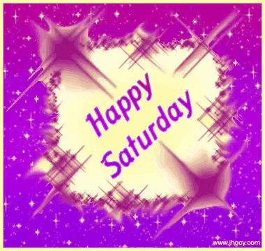 a happy saturday greeting card with a purple background and stars