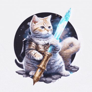 a painting of a cat wearing armor holding a sword by pika