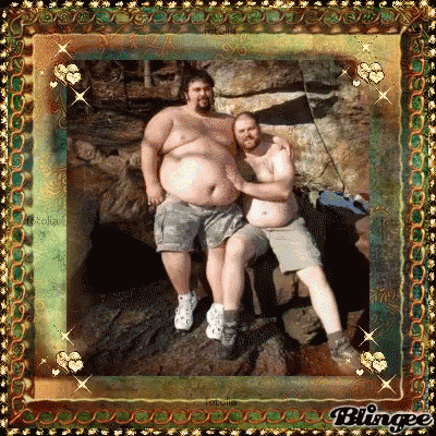 a picture of two fat men in a frame with blingee on the bottom