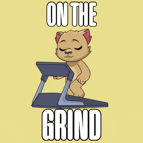 a cat is running on a treadmill with the words " on the grind "