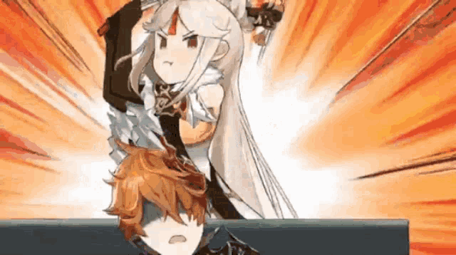 a girl is standing next to a man in a video game and holding a sword .