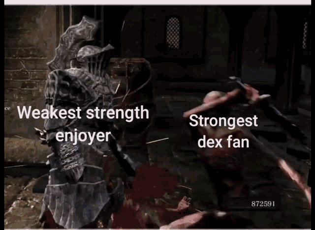 a video game scene with the words weakest strength enjoyer and strongest dex fan on the bottom