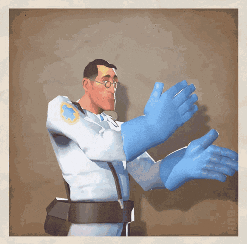 a cartoon of a doctor with blue gloves