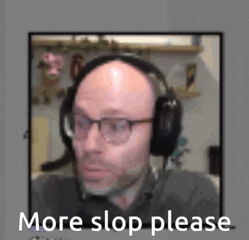a bald man wearing glasses and headphones is asking for more stop please .
