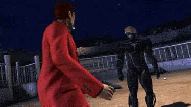 a man in a red suit is standing next to a man in a black suit holding a gun