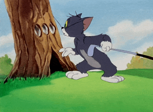 a cartoon of a cat holding a golf club standing next to a tree