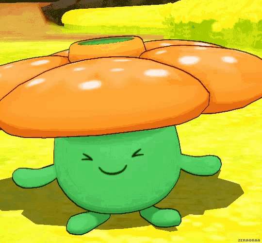 a green and orange cartoon character with a flower on its head