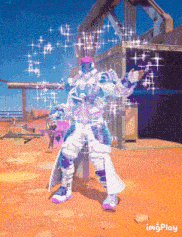 a video game character is dancing in front of a building with imagesplay written on the bottom right