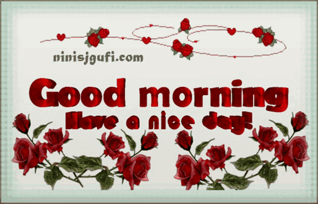 a good morning greeting card with red roses and hearts