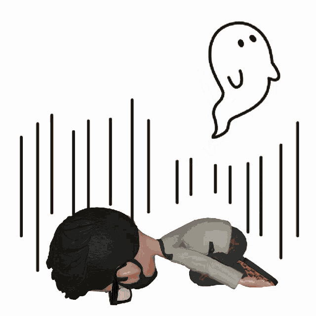 a cartoon of a person kneeling down with a ghost behind him