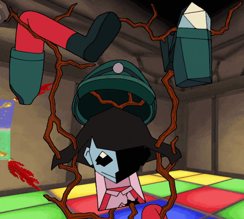 a cartoon drawing of a person hanging upside down on a colorful floor