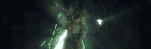 a man with horns is surrounded by green smoke in a dark room .