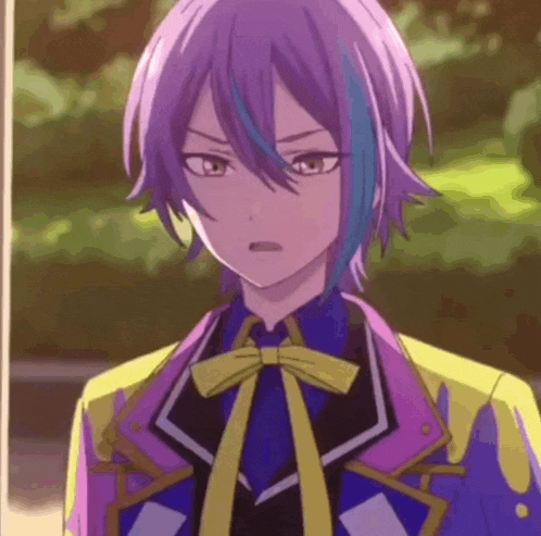 a close up of a person with purple hair wearing a yellow jacket and tie .