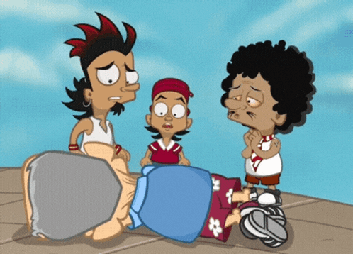 a group of cartoon characters with one wearing a shirt that says nc