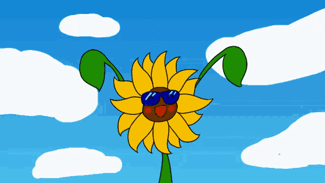 a cartoon drawing of a sunflower with sunglasses on