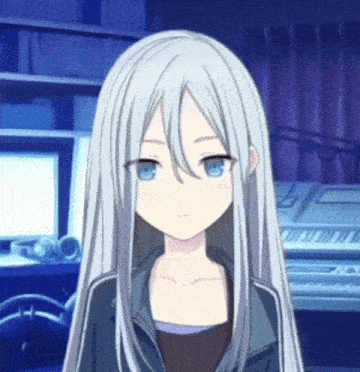 a girl with long white hair and blue eyes is in front of a keyboard