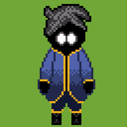 a pixel art of a person wearing a blue jacket and pants