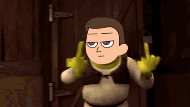 a shrek cartoon character giving the middle finger in front of a wooden door