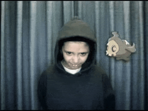 a young boy wearing a hooded sweatshirt is standing in front of a blue curtain