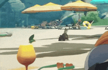 a cartoon scene of a beach with umbrellas and chairs and a drink in the foreground