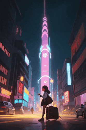 a girl with a suitcase is walking down a street in front of a neon tower that says ' tokyo '